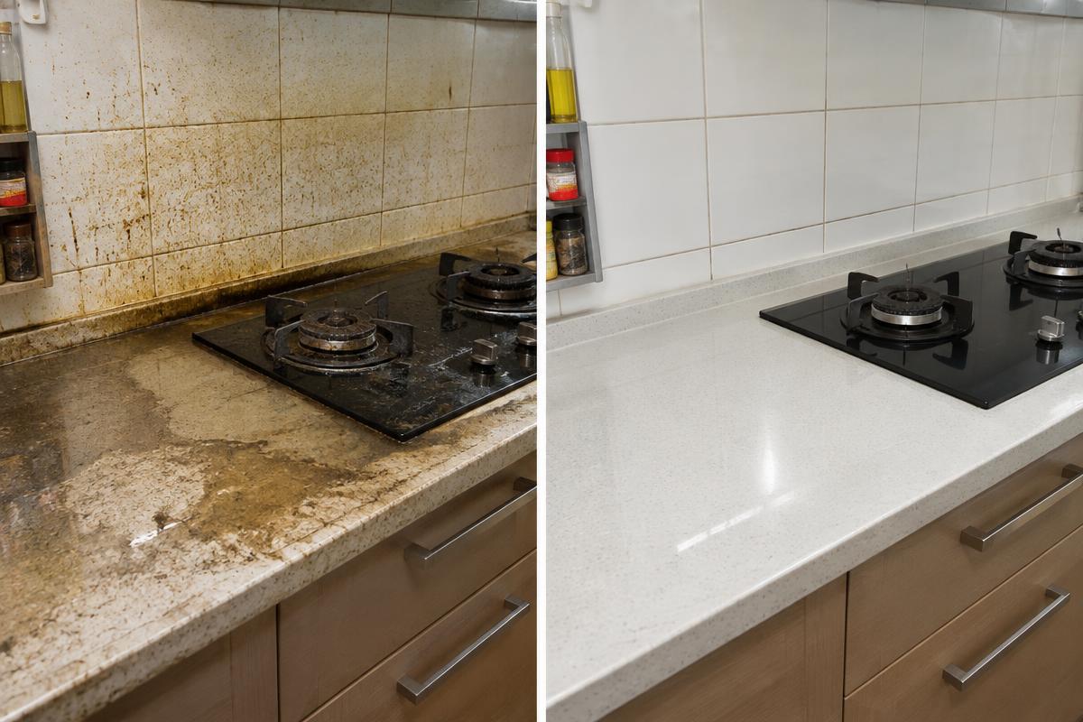 Kitchen before and after deep cleaning