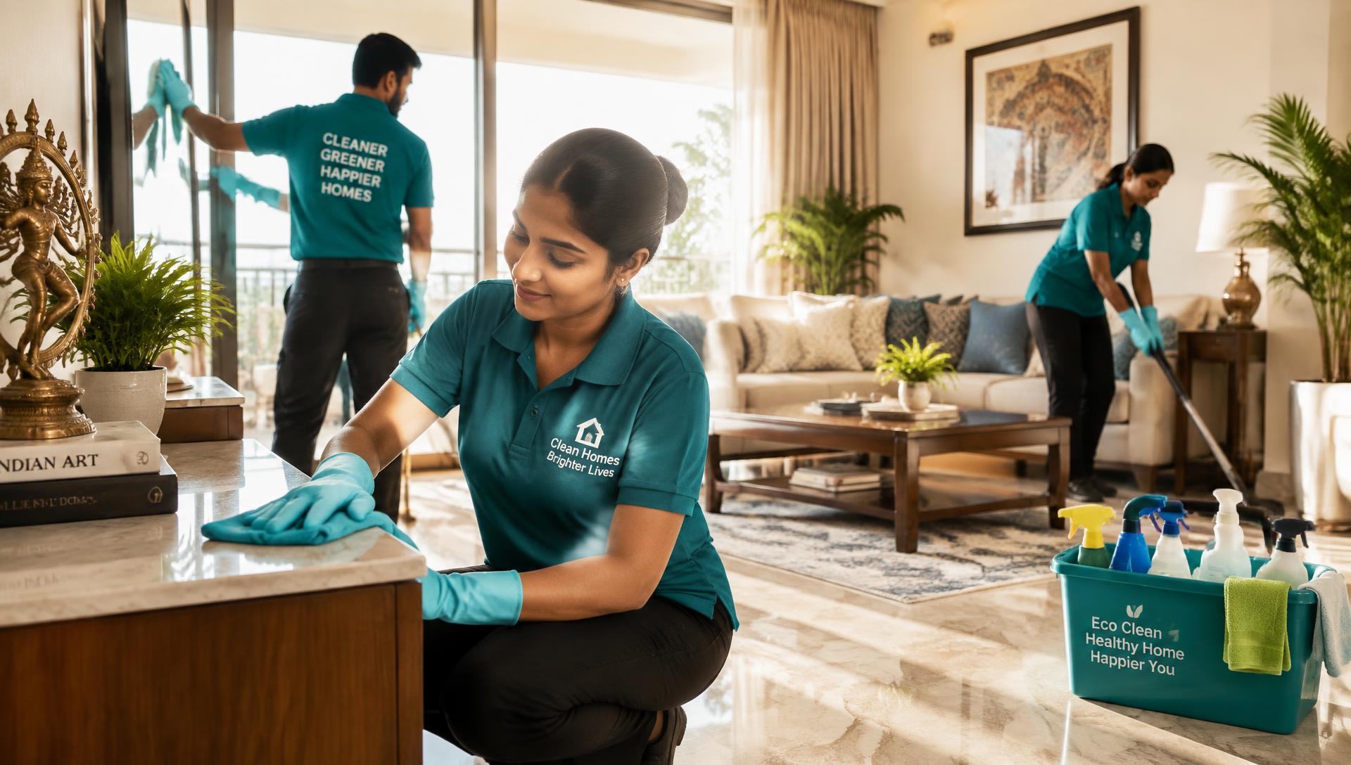 Cleaning professional at work in a bright home